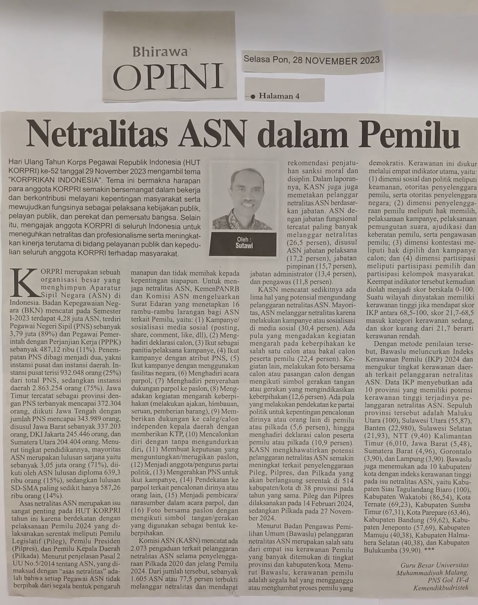 Netralitas ASN dalam Pemilu - Bhirawa - UMM dalam Berita Koran Online