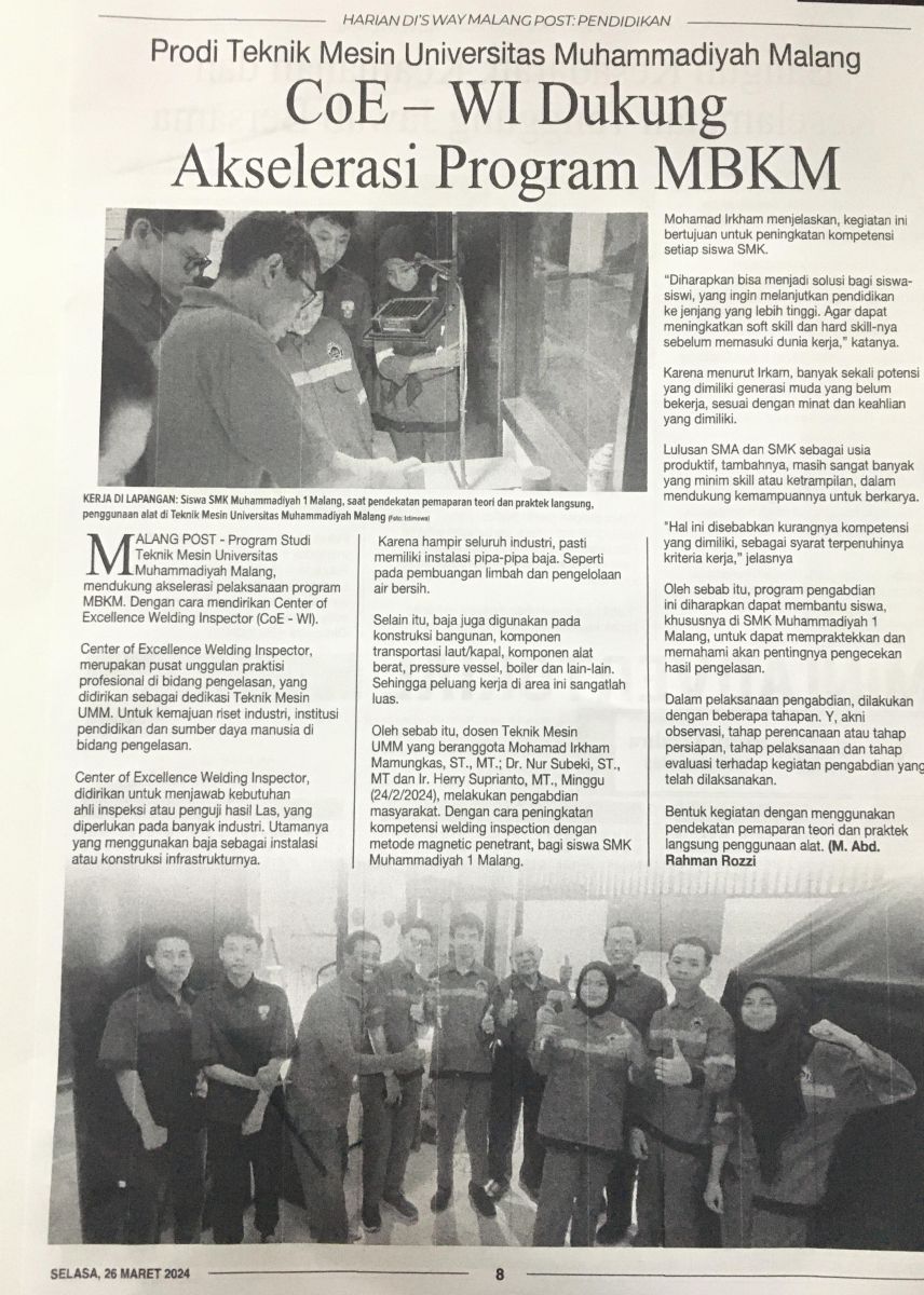 Prodi Teknik Mesin Universitas Muhammadiyah Malng CoE - WI Dukung Akselerasi Program MBKM